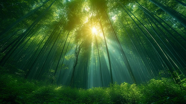 Photo dense bamboo forest with sunlight depicting a moment of tranquility