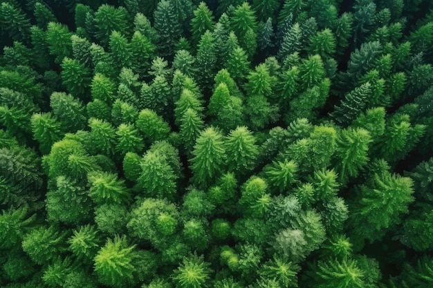 Drone Generative AI에서 위에서 본 조밀하고 아름다운 녹색 숲 전망