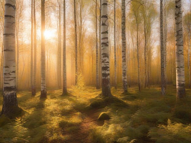 Dense birch tree grove forest sunset