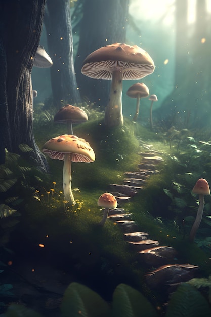 Dense dark fantasy forest with big trees and mushrooms AI generated