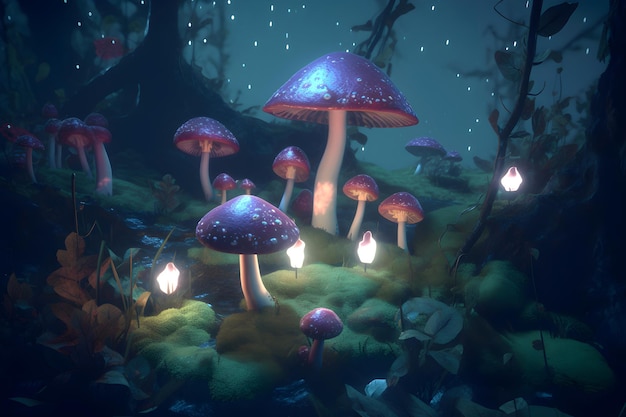 Dense dark fantasy forest with big trees and mushrooms The magical atmosphere of the forest fairy forest magic light AI generated