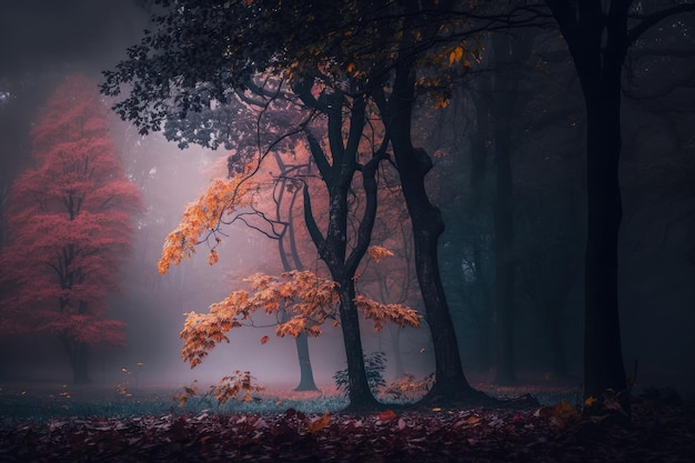 秋の森の濃霧と黄色の葉、樹皮の緑の苔 AI 生成