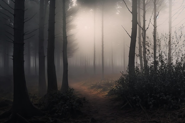 Dense fog in autumn forest with yellow leaves and green moss on tree bark AI generated