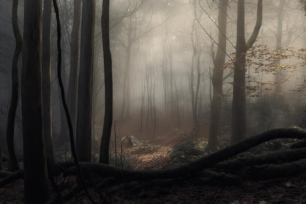 Густой туман в осеннем лесу с желтыми листьями и зеленым мхом на коре дерева сгенерирован AI