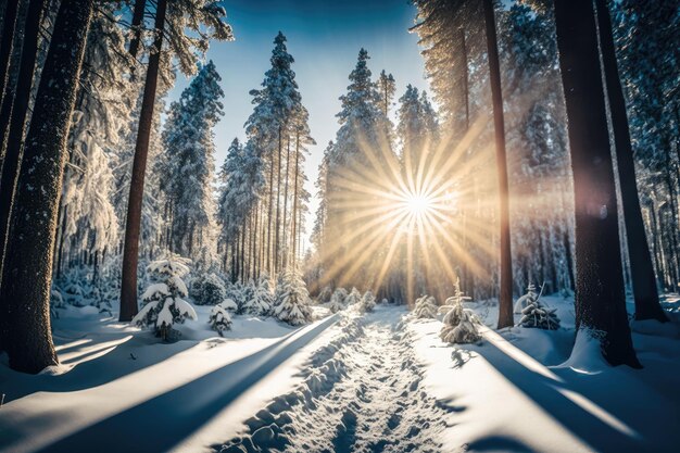 Dense fog in cold winter forest without leaves and white snow on trees bark AI generated