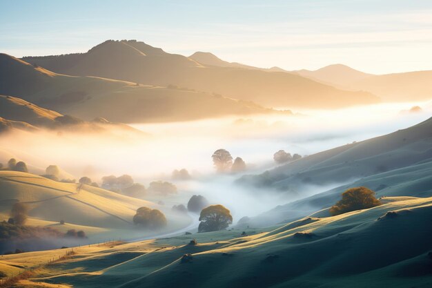 Dense fog covering a hilly landscape at sunrise