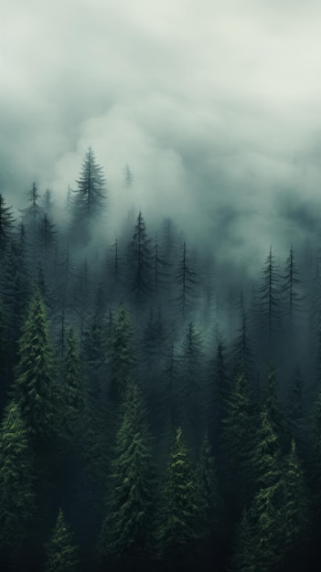 A dense fog enveloping a mystical forest filled with towering trees