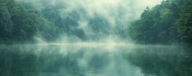 Photo a dense fog rolling over tranquil lake wallpaper