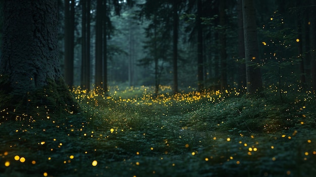 Плотный лес, в котором обитают желтые светлячки