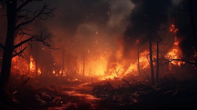 Плотный лес погружается в захватывающее зрелище бесчисленных горящих деревьев Лесной пожар