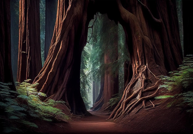 Густой лес в Калифорнии, много секвой, созданное искусственным интеллектом