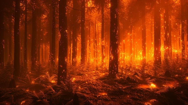 A dense forest shrouded in an eerie orange glow representing the disruption and chaos that can occur