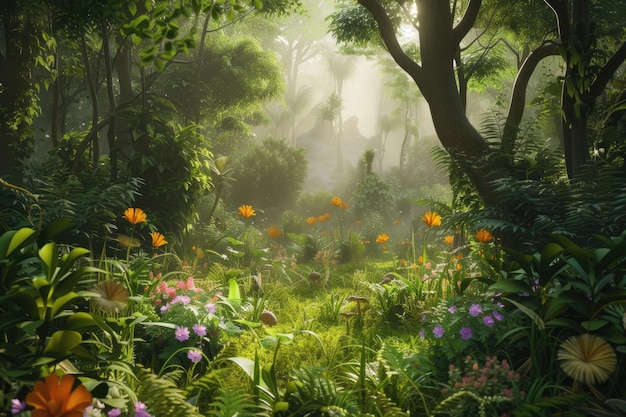 A dense forest teeming with life in intricate 3D detail