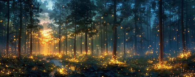 Photo a dense forest at twilight with the soft glow background