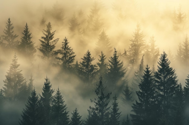 A dense forest with a foggy mist surrounding the trees