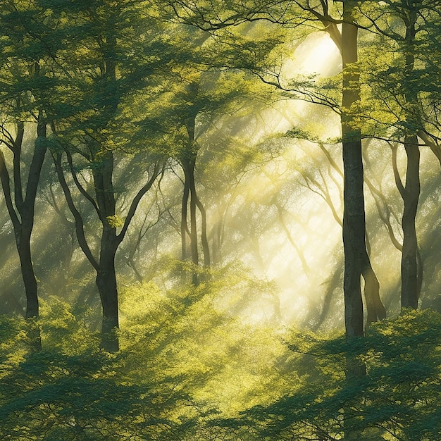 dense forest with sunlight streaming