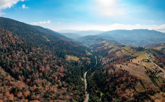 Fitte foreste sul picco di montagna sotto il cielo blu con nuvole