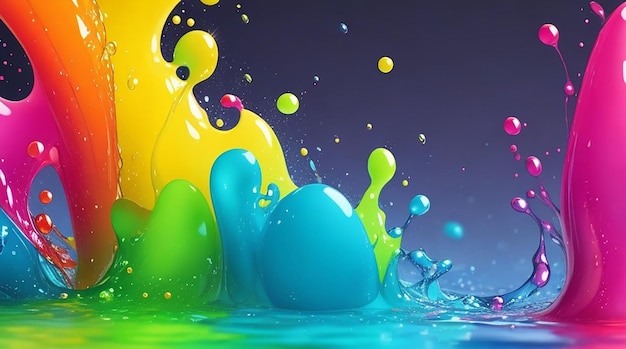 Dense liquid of mixed colors splashing and forming droplets on colorful modern abstract background