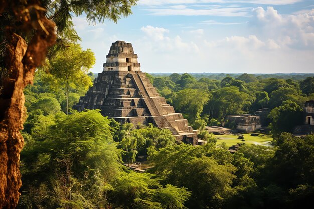 マヤの密集したジャングル高層寺院とピラミッドイラスト写真