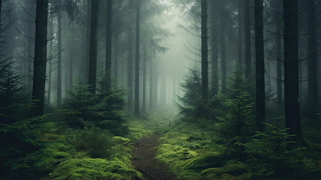 Dense misty forest shrouded in an ethereal atmosphere