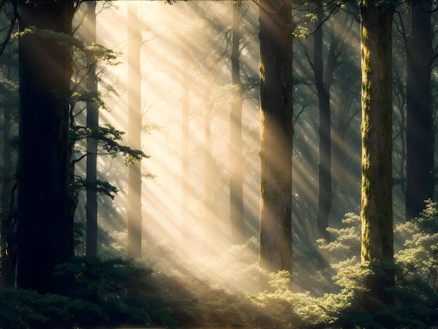 A dense misty forest with sunlight filtering through the towering trees generated ai