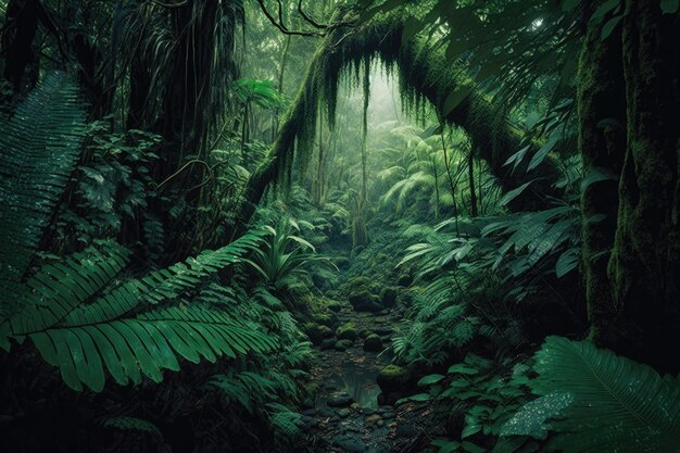 茂った緑の葉っぱが茂った密集した熱帯雨林