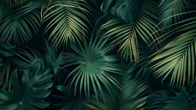 Dense tropical foliage with various green palm and monstera leaves