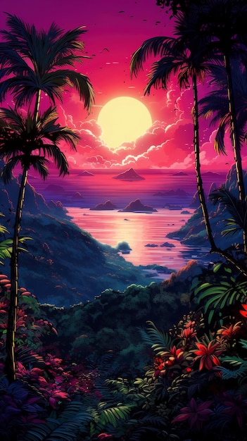 Dense tropical forest with a synthwave aesthetic seen from a panoramic point of view