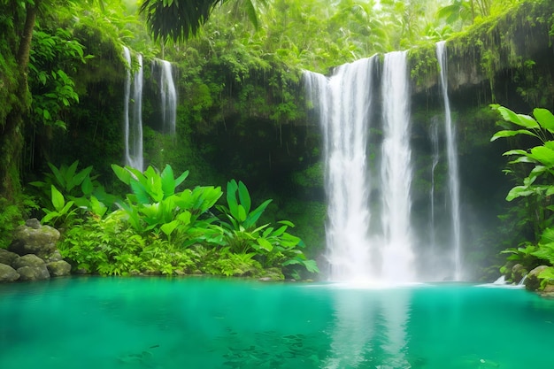 A dense tropical rainforest with a cascading waterfall generated by Ai