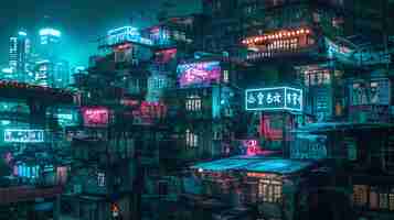 Photo a densely packed cityscape at night the buildings are covered in neon lights and advertisements the streets are crowded with people and vehicles