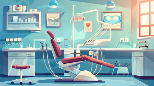Стоматологический кабинет стоматологической комнаты в клинике или больнице Современный мультфильмный интерьер пустого стоматологического кабинета с столом и стулом врача с лампой и инструментами для очистки и ухода за зубами
