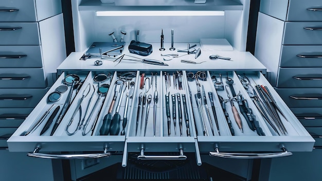 Стоматологический шкаф с различным медицинским оборудованием