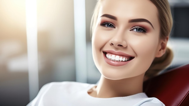 Dental care beautiful wide smile of healthy woman white teeth coloseup dentist tooth whitening