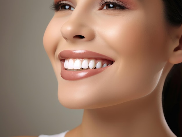 歯科ケア健康な女性の美しい広い笑顔白い歯コロアップ歯科医の歯のホワイトニング
