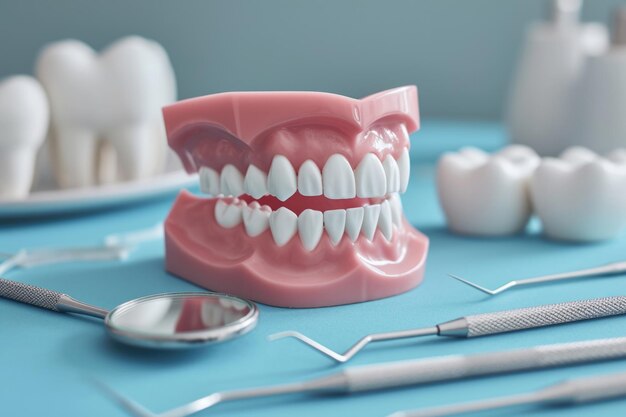 Dental care concept with dentist tools and oral health