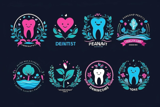 Фото Логотип стоматологии, иллюстрация стоматолога, люди здоровья, символ природы, набор дизайна, вектор
