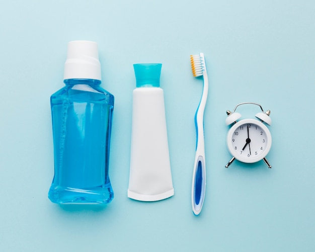 Dental care products in flat lay