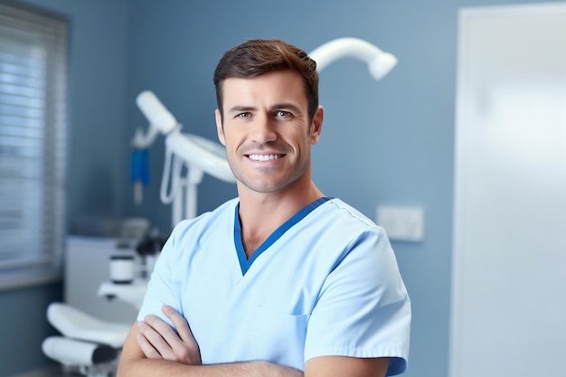 Dental Care Professional Handsome Dentist with Backdrop Generative by Ai