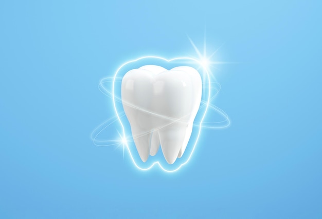 사진 치아 관리는 파란색 배경 3d 렌더링에서 밝게 빛나는 치아를 보호합니다.