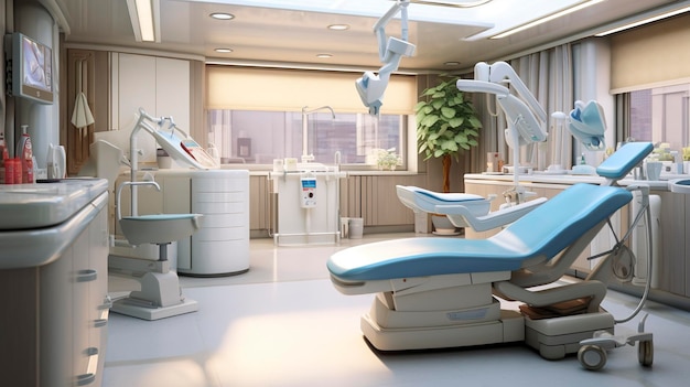 a dental chair with a sign that says dental care on it