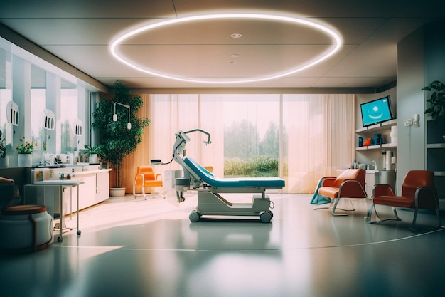 A dental clinic with a round light in the middle of it.