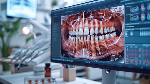 Dental consultation in a clinic The dentist shows the 3D tomography image on the screen