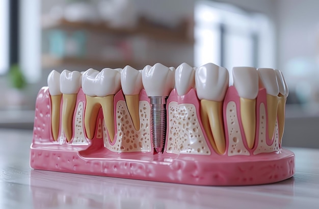 Dental crowns and bridges on pink mold