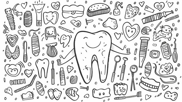 Foto un concetto di doodle dentale che mostra un dente sano e lucente nella mano del dentista con icone di attrezzature mediche lineari intorno ad esso mostra i servizi della clinica dentale tra cui il trattamento dei denti e della carie