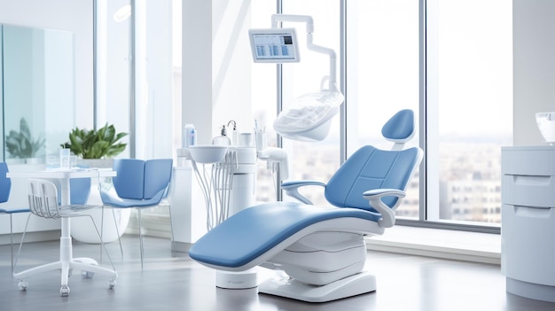Стоматологический кабинет с верхним освещением кресла и шкафами.