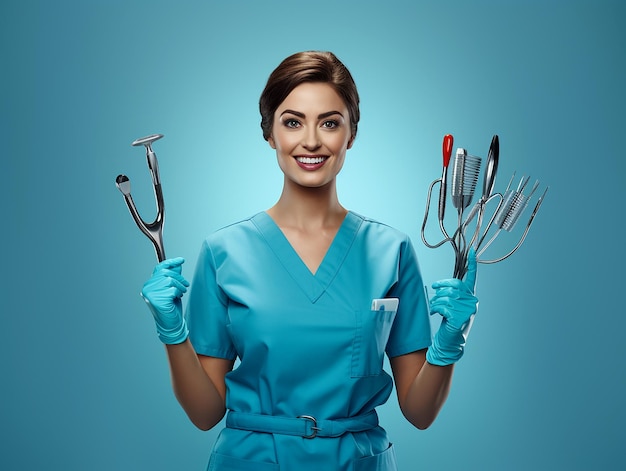 Photo dental expertise woman dentist with tools