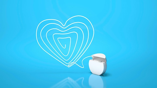 치실 치실 파란색 배경 3d 렌더링에 치실로 만든 심장