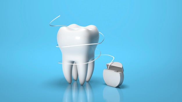 Dental floss Flossing your teeth Tooth and dental floss on a blue background 3d render