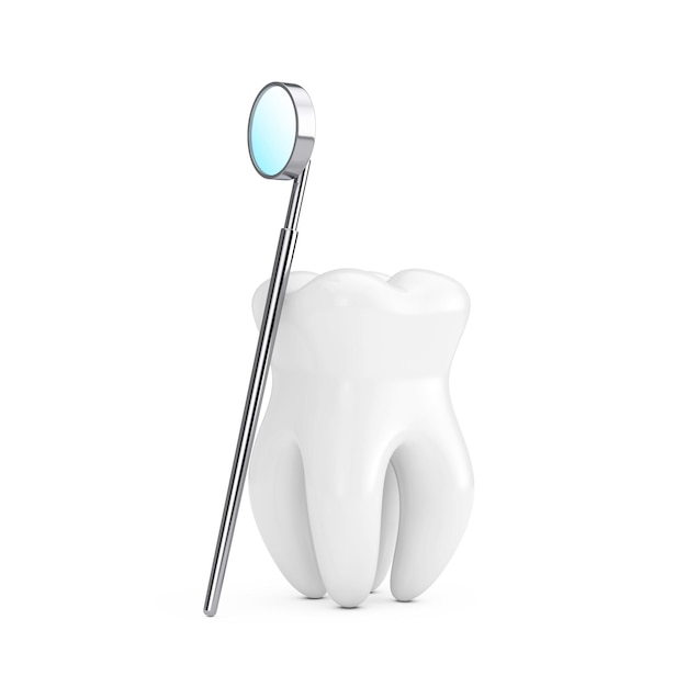 흰색 배경 3d 렌더링에 치아에 대한 치과 검사 거울 치과 건강 개념 치아 아이콘