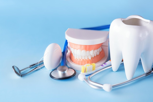 Dental health and teethcare concept. Dental mirror with explorer probe, toothbrush, floss, human jaw model and white tooth with stethoscope on blue background.